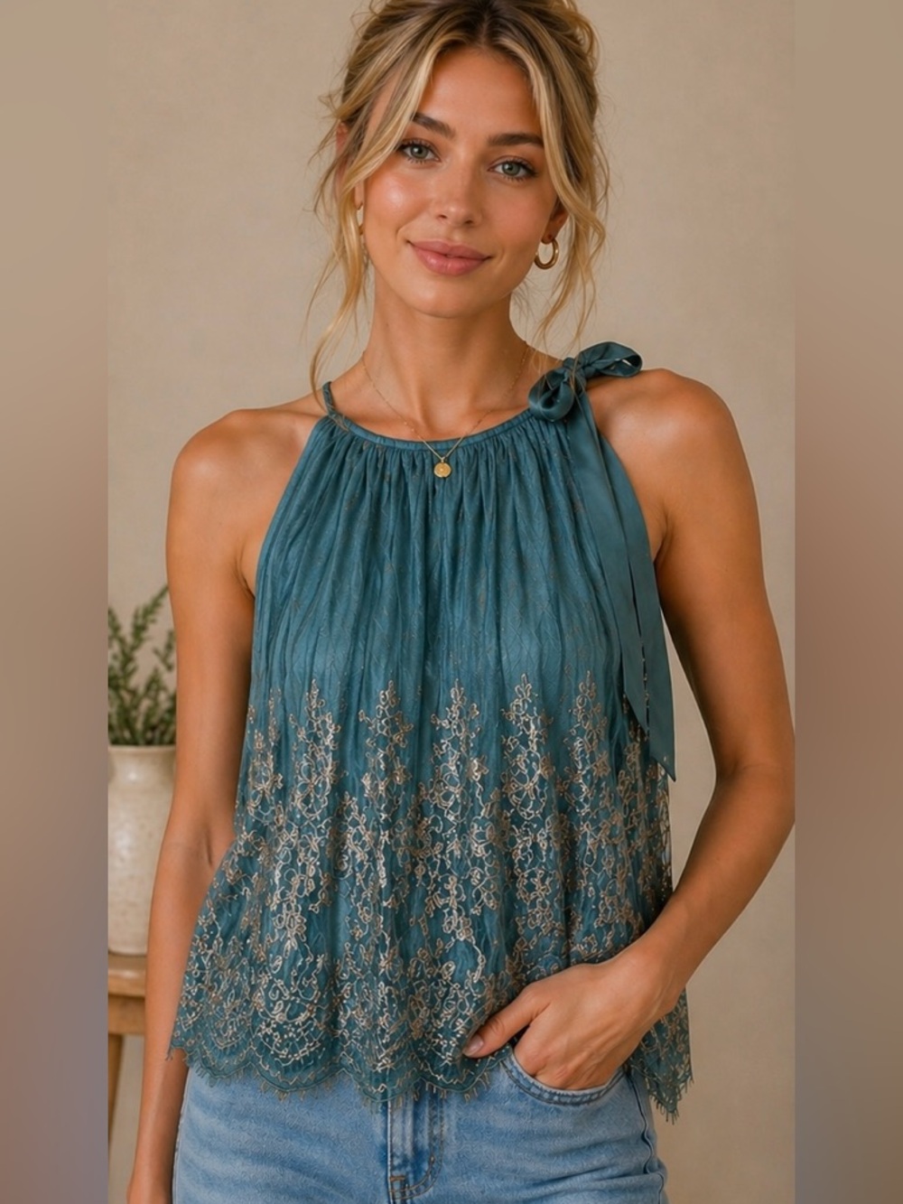 Anthropologie Blank London Teal Metallic Lace Tie Neck Blouse NWOT Small